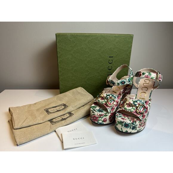NWT Gucci Floral Horsebit Platform Ankle Strap Block Heel Sandals EU 38.5 - Picture 1 of 13